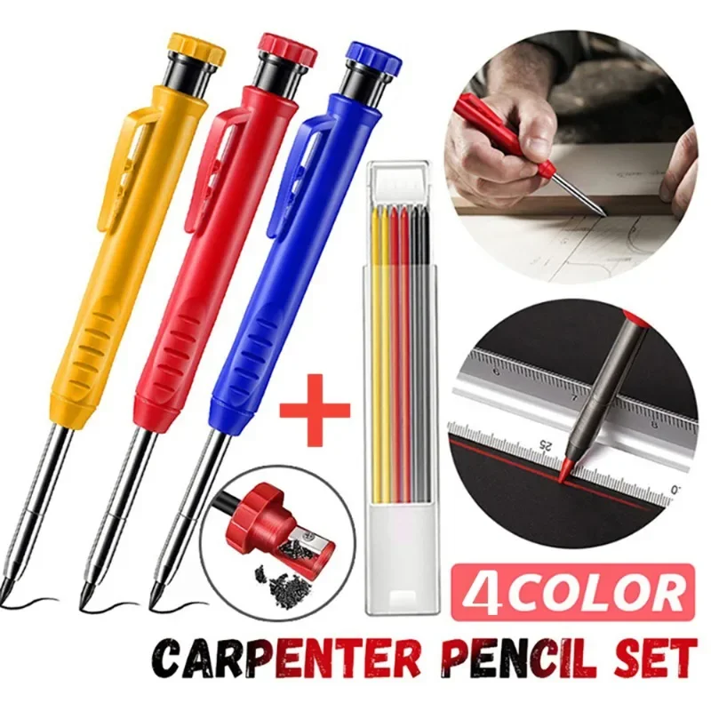 Metal Solid Carpenter Pencil Set with Refill Leads Built-in Sharpener Marker Marking Tool  Sharpener for Carpenter Woodworking