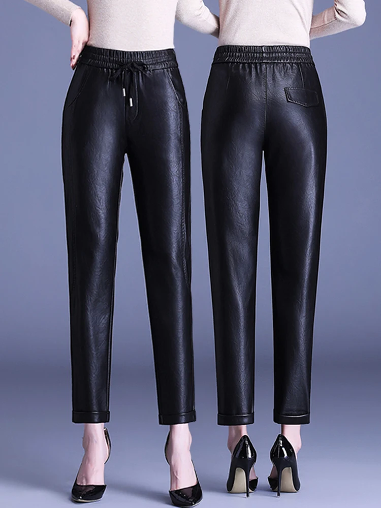 سراويل نسائية عالية الخصر بقصة ضيقة تسعة سراويل قصيرة للخريف والشتاء بحزام خصر مطاطي وجيوب برباط سراويلي حريمي #2