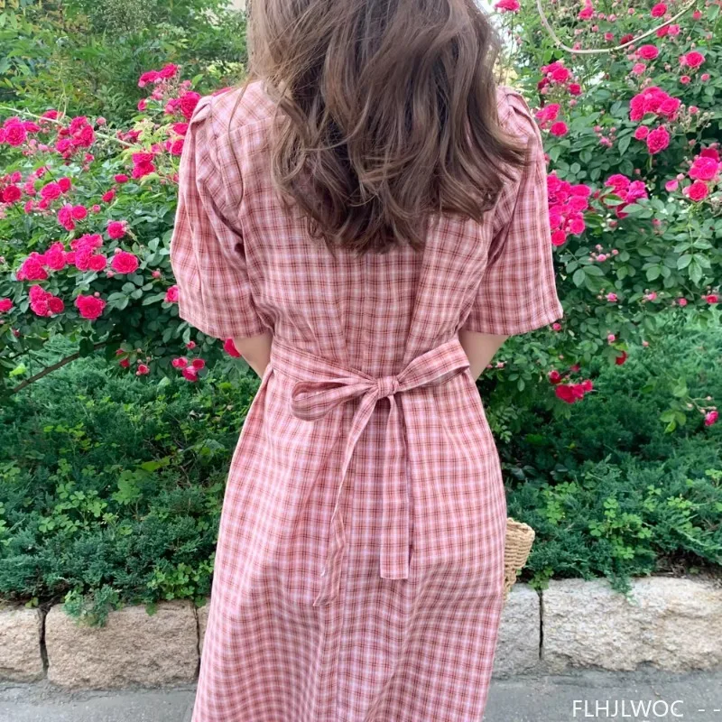 Vintage Cute Dresses Woman Summer Short Sleeve Bow Tie Lace-Up Slim Waist Korean Style Japan Design Cotton Plaid Dress Pink 5826