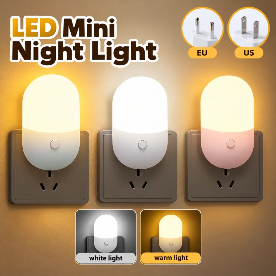 LED Mini Night Light EU US Plug Wall Socket Lamp Warm White Two Color Switchable Button Control Night Lamp for Bedroom Hallway