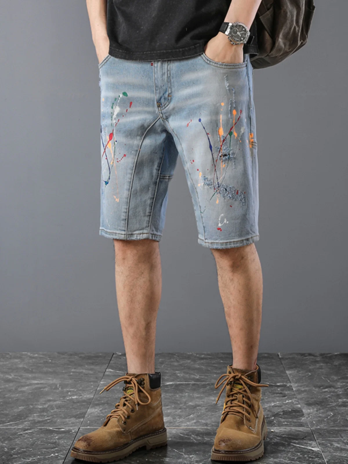 

Light Wa High-End Patchwork Splatter Denim Men's Casual Loose Straight Leg High Street Hole Five-Point Trendy Brand orts
