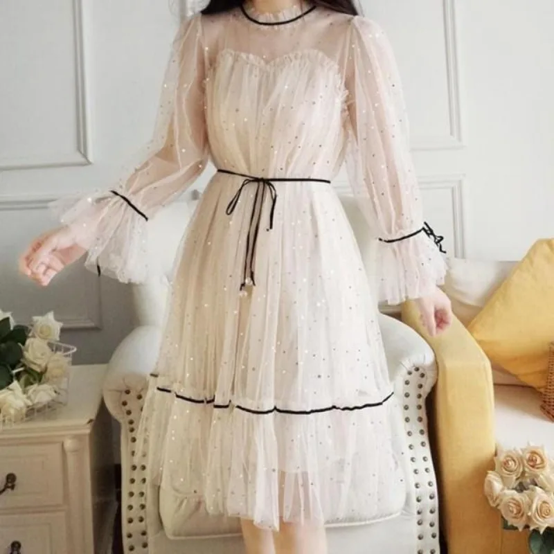 Mesh Dress Women Summer Fairycore Flattering Waist Sweet Students All-match Loose New Fashion Lace-up Transparent Elegant Chic