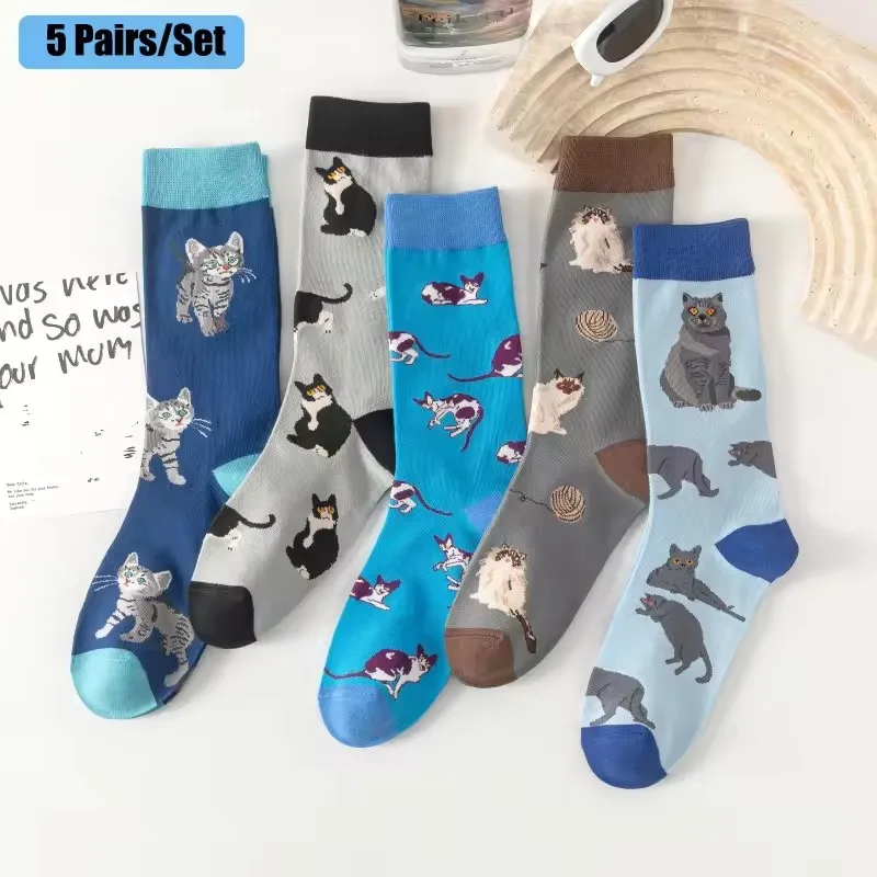 

5 Pairs/Set Blue Cartoon Siamese Cat Cute Lovely Cotton Knitting Fashion Women Men Unisex Street Snap Jacquard Fancy Socks
