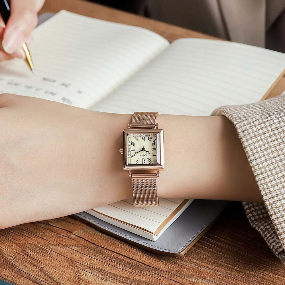 GEDI Women's Roman Vintage Small Square Dial Waterproof Quartz Watch - Luxury Mesh Strap Wristwatch for Ladies