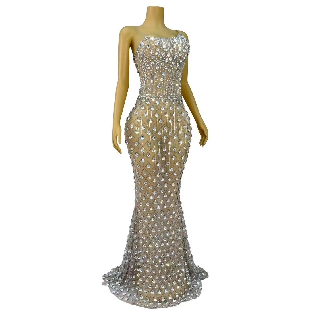 Sexy fascia alta strass scintillanti cristalli frange abito in rete trasparente abito da sera da donna abito da ballo servizio fotografico abbigliamento da palcoscenico
