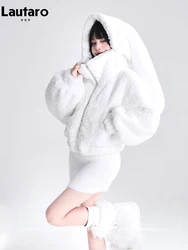 Lautaro Autumn Winter Sweet Cute Lovely Warm Soft White Short Faux Fur Coat Women with Bunny Ears Fluffy Jacket Hoodie 2023