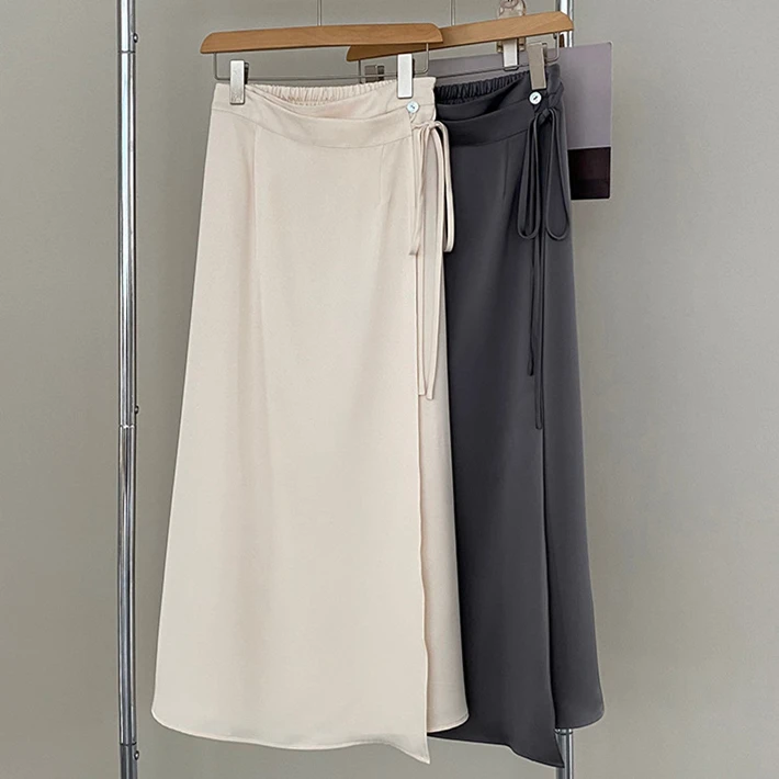 Spring New Girlish Medium Length Skirt Satin Finish Elastic Waist Side Tie A-Line Flowy Elegant Smooth Simplicity Solid Vestidos