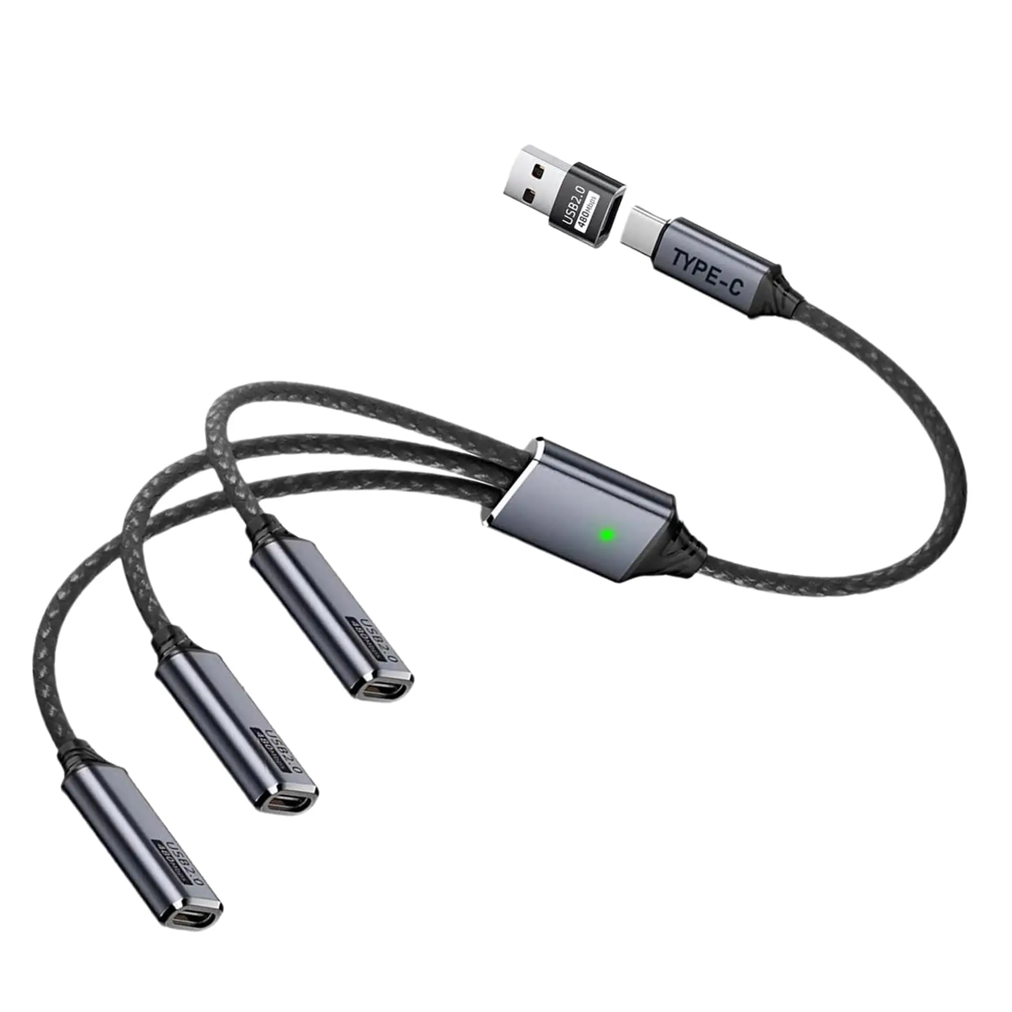 USB Splitter 3 in 1 Short Cable,USB 2.0 Male to 3 Female,Wite USB-C Adapter,Charging and 480Mbps Data Transfer,Nylon Braided