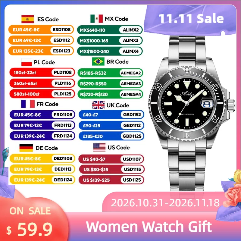 ADDIES Quartz Watch for Woman Luxury 316L Stainless Steel 50m Waterproof Sport Ladies Watches Luminous Business Wristwatch Gift