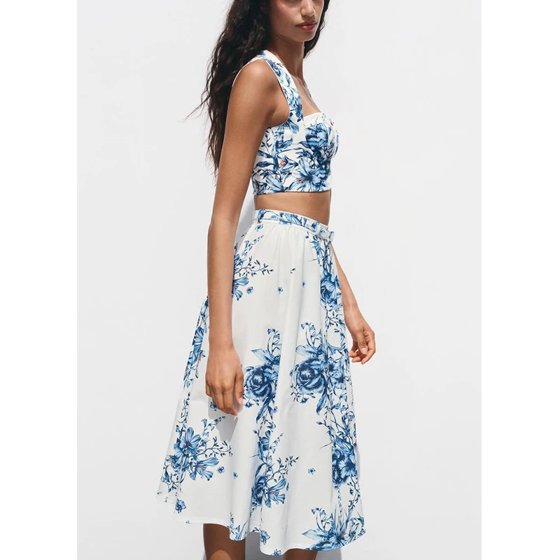 

Casual Heart Collar Svel ort Top Floral Print Midi Skirt Two Piece Set Spring Faion Women's Clothing round Ne