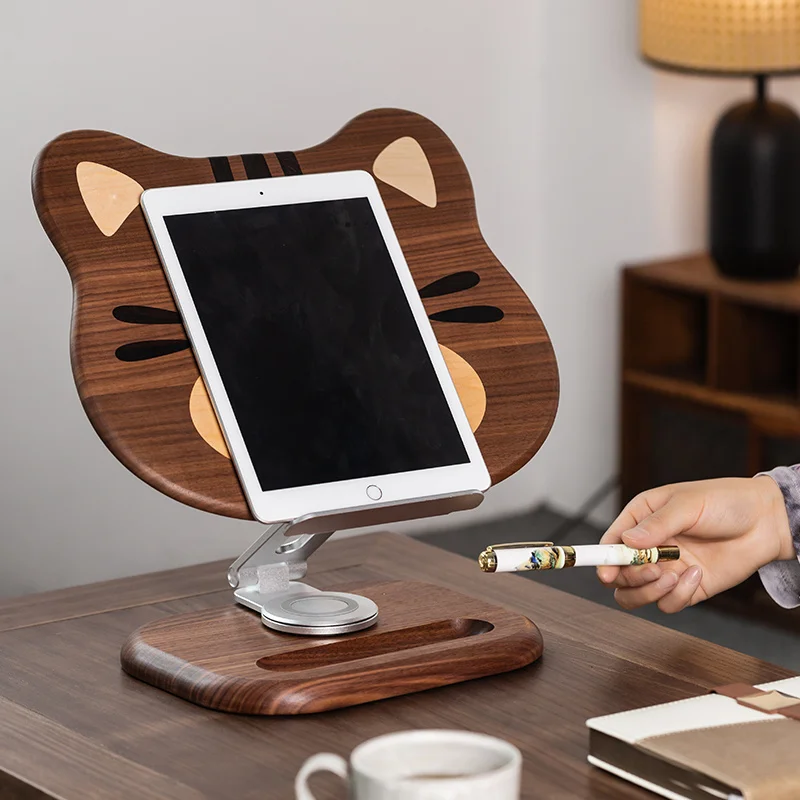 Cartoon Cat Solid Wood Reading Stand Phone Holder Rotatable Foldable Tablet Office Cute Pattern Desktop Ornament Home Decoration