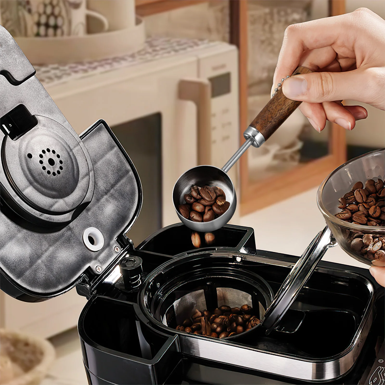 

Мини-ложка, мерный стакан из нержавеющей стали, деревянная ручка, практичная кухонная мерная ложка для выпечки кофейных зерен, мерный порошок, бытовой