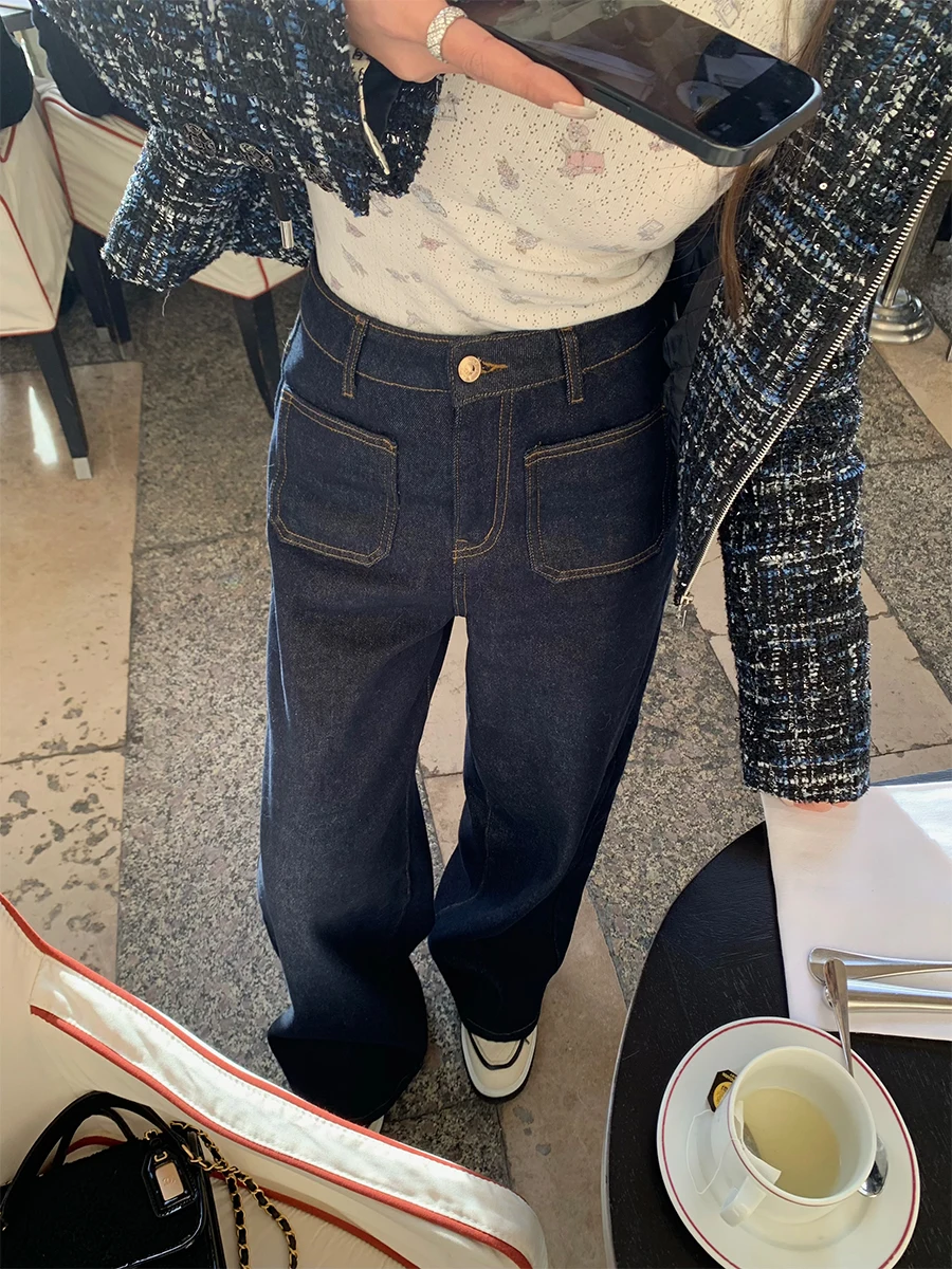 

Good Morning Fan Fan Original Denim Color Fce Lined Loose Straight Leg Jeans Women's Winter Warm Slimming Trousers