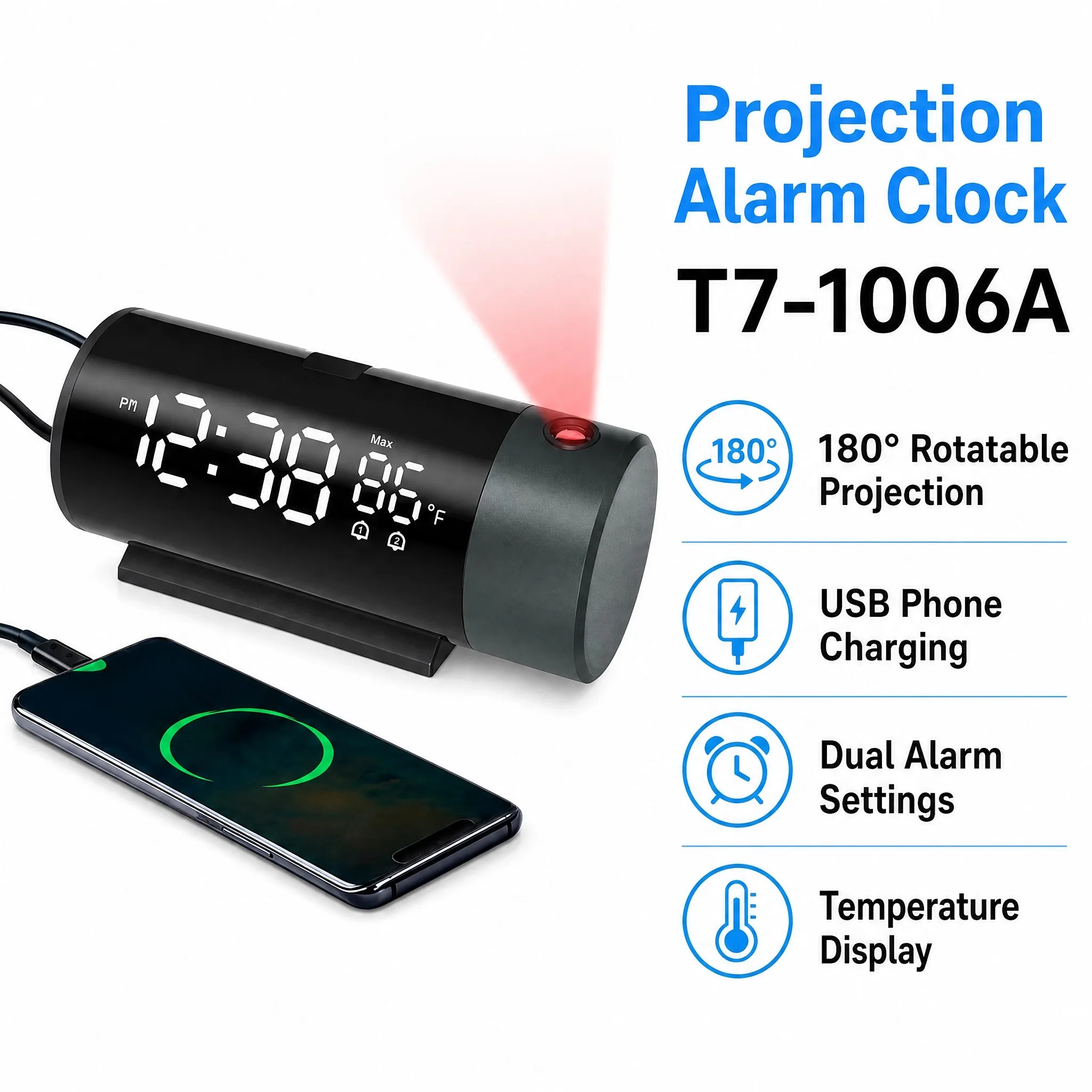 Digital Projection Alarm Clock 180°Rotatable USB Rechargeable Dual Alarm Indoor Thermometer Auto Dimmer Bedroom Bedside Clock