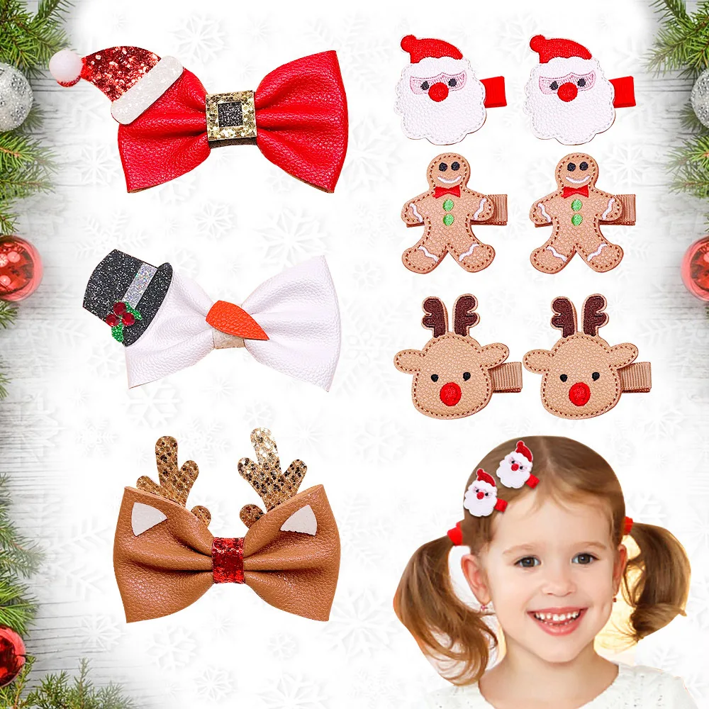 Cute Kids Christmas Gingerbread Man Hair Clip Delicate Leather Bowknot Santa Elk Hair Accessories Lovely Party Dress Up Headwear