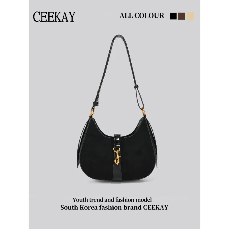 

Новая замшевая сумка-хобо CEEKAY 2026 года, сумка через плечо в форме полумесяца с металлическим декором-крючком, повседневная сумка-багет для женщин