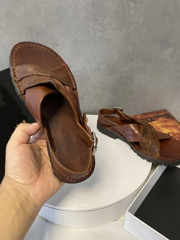 Vintage Womens Cowhide Genuine Leather Brown Sandal Comfortable Open Toe Roman Sandals Summer Fashion Ladies Casual Flat Shoes