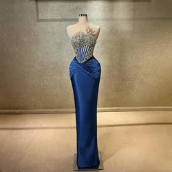 Navy Blue Mermaid Evening Dresses Elegant Bodice Prom Dress Pleats Beaded Strapless Custom Made Formal Dresses for Women