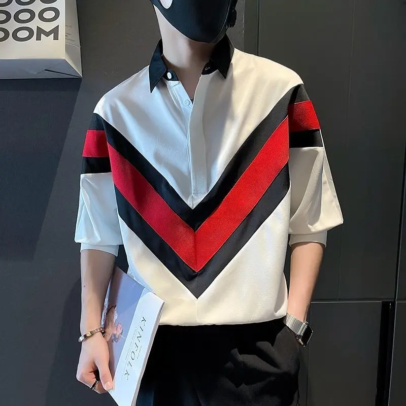 Fashion Lapel Printed Loose Striped Shirts Men's Clothing 2023 Spring New Oversized Casual Tops Half Sleeve Korean Shirt