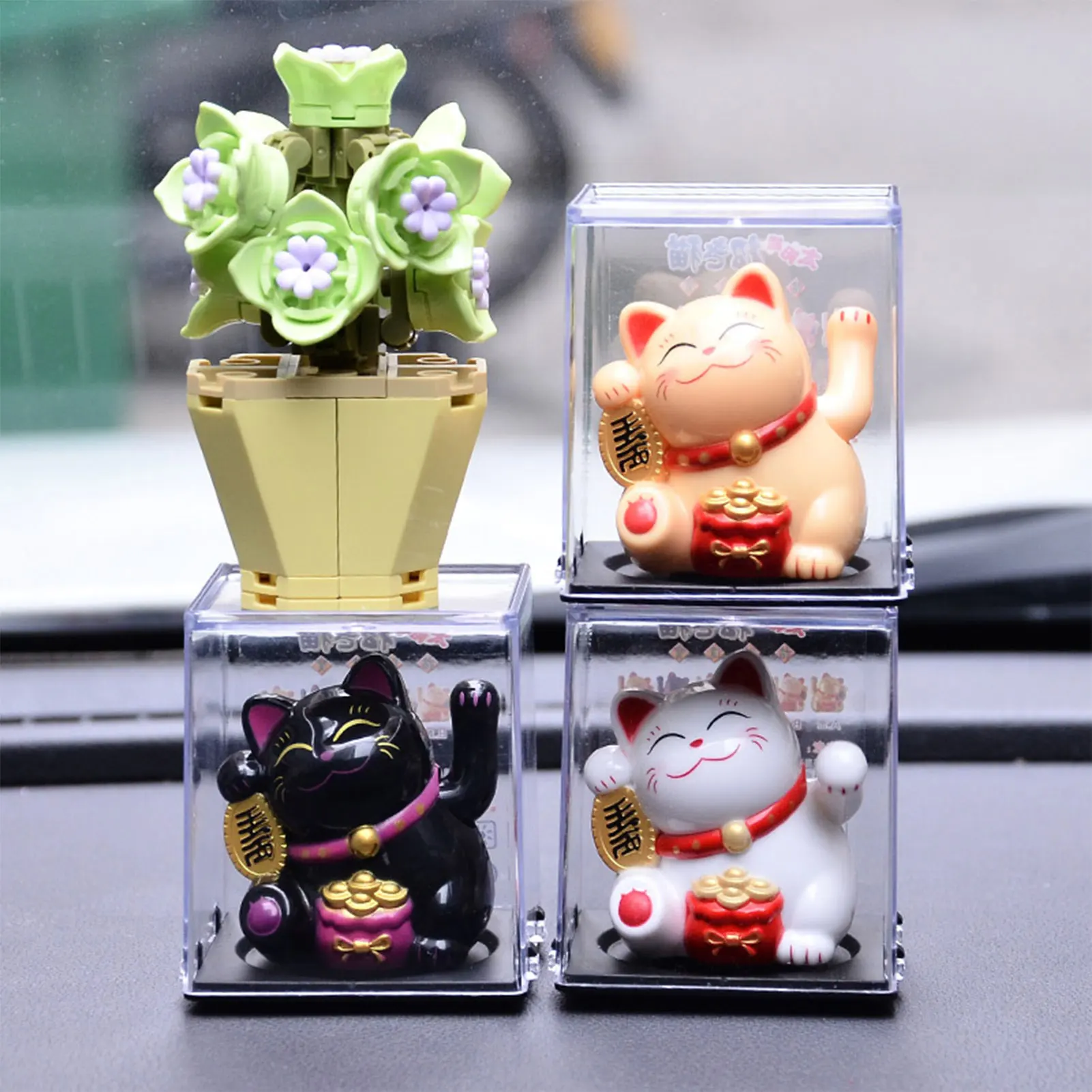 1pc Waving Lucky Cat Solar Powered Welcoming Chinese Lucky Cat Beckoning Fortune Cat Figurines for Home Room Car Decorations