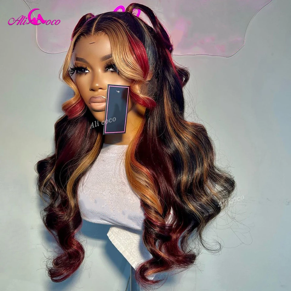 Black Red Blonde Highlights Wig 13x4 Glueless Wigs Human Hair Lace Frontal Wigs Body Wave Transparent Lace Closure Wig For Women