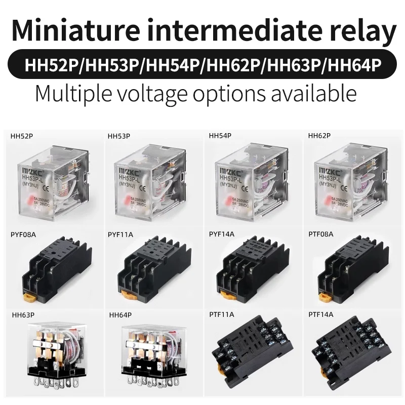 10 PCS Miniature Control Relays - AC 12V/DC 24V/AC220V, Small Intermediate Relay, HH52P - HH64P, MY2P/MY2NJ Types