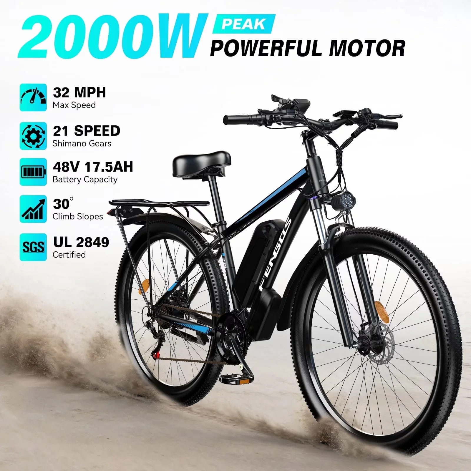 Image of FENGQS 27,5" E-Bike für Erwachsene, 2000W Spitzenleistungs-Motor, 35MPH 80Meilen Elektro-Mountainbike mit 17,5AH Abnehmbarem Akku-UL 2849, 21-Gang, Weiß