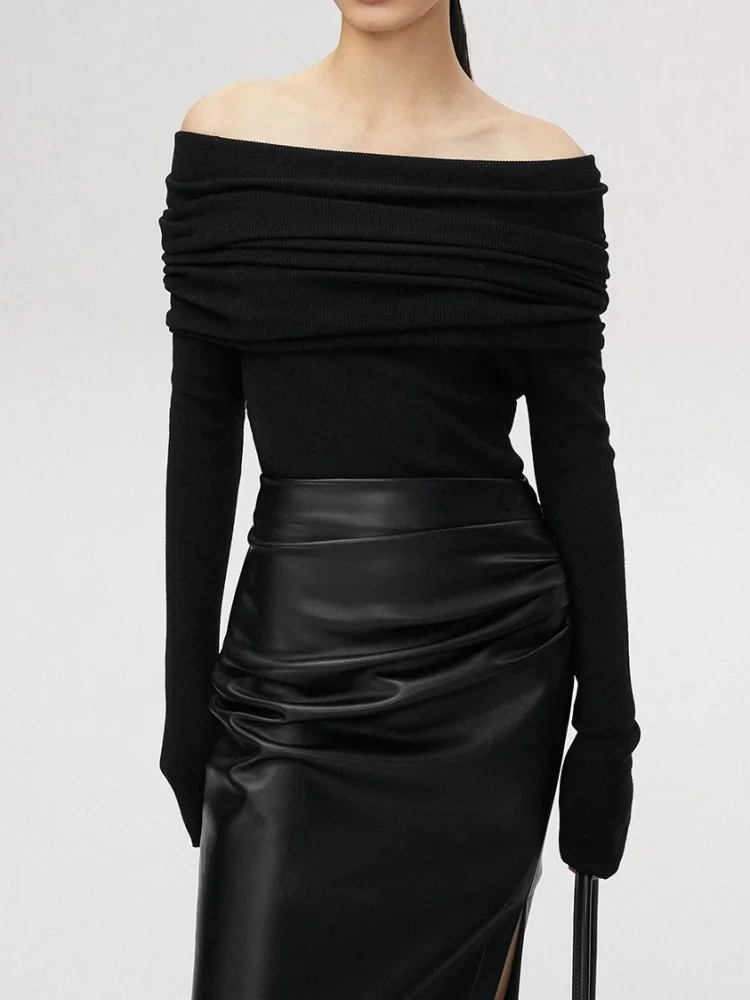 Suéter con cuello oblicuo para mujer, Tops tejidos ajustados básicos que combinan con todo, Sexy, elegante, con hombros descubiertos, Otoño Invierno, jerséis de manga larga para mujer