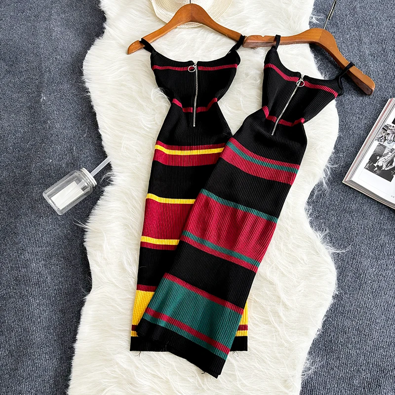 Zipper Black Summer Knitted Bodycon Sexy Dress 2024  Sleeveless Strap Party Sundress High Street Elastic Slim Midi Dress