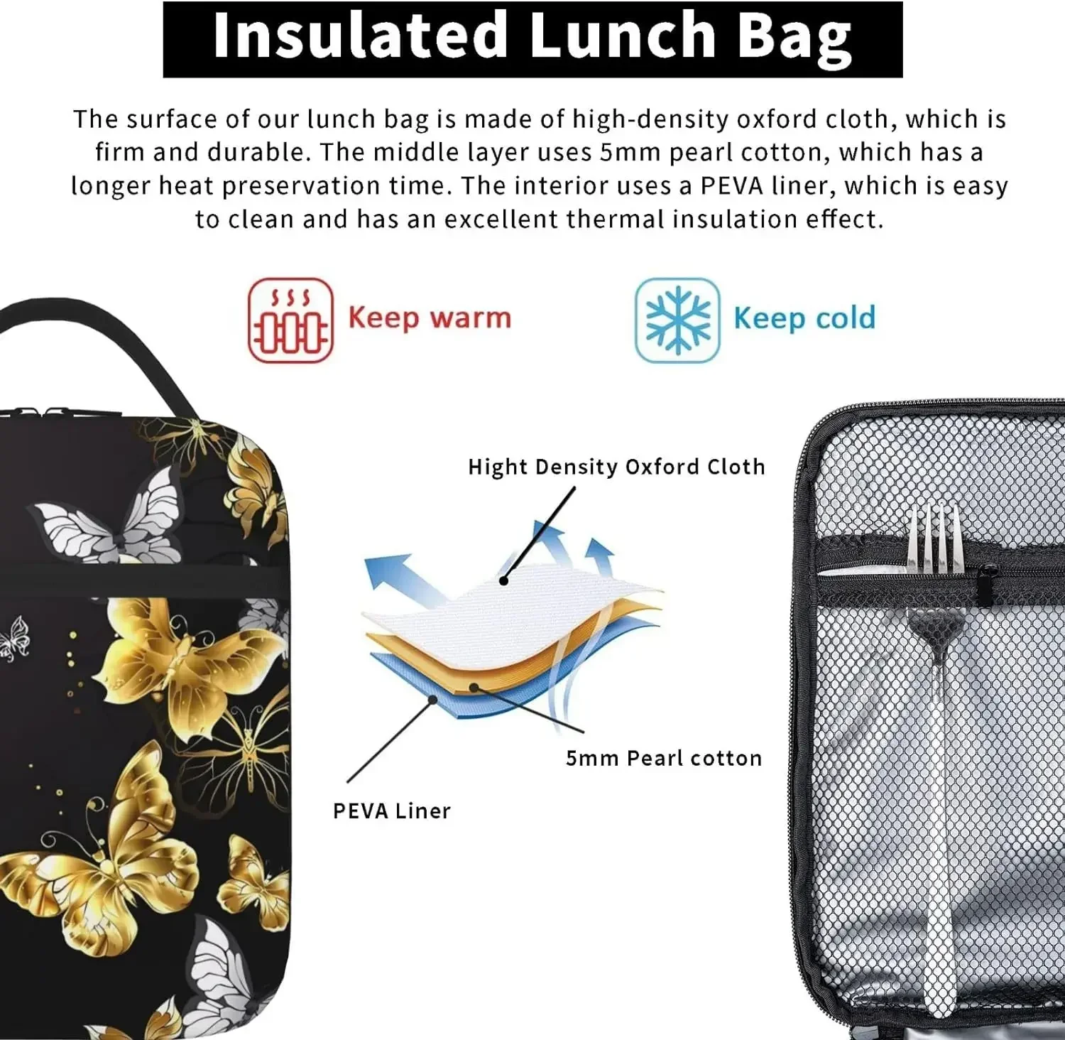 Goud Wit Vlinders Zwarte Lunch Tas Voor Vrouwen Mannen Geïsoleerde Herbruikbare Lunchbox Koelbakken Voor Werk Kantoor Picknick Camping