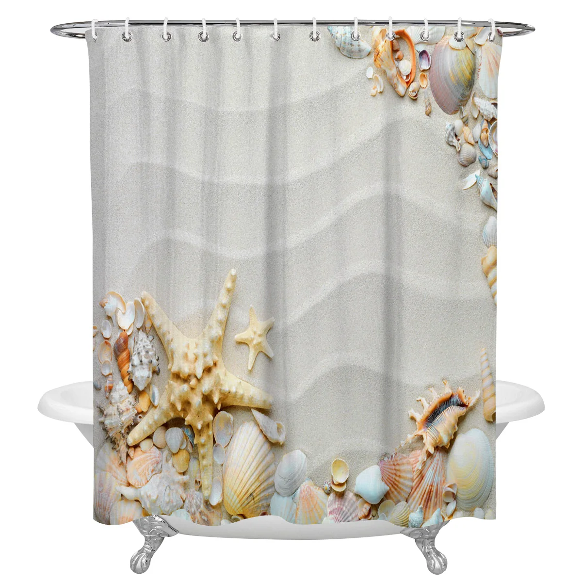 Beach Sand Waves Starfish Shell Conch Waterproof Bathroom Decoration Shower Curtain With Hook Bath Curtains Bathroom Accessories