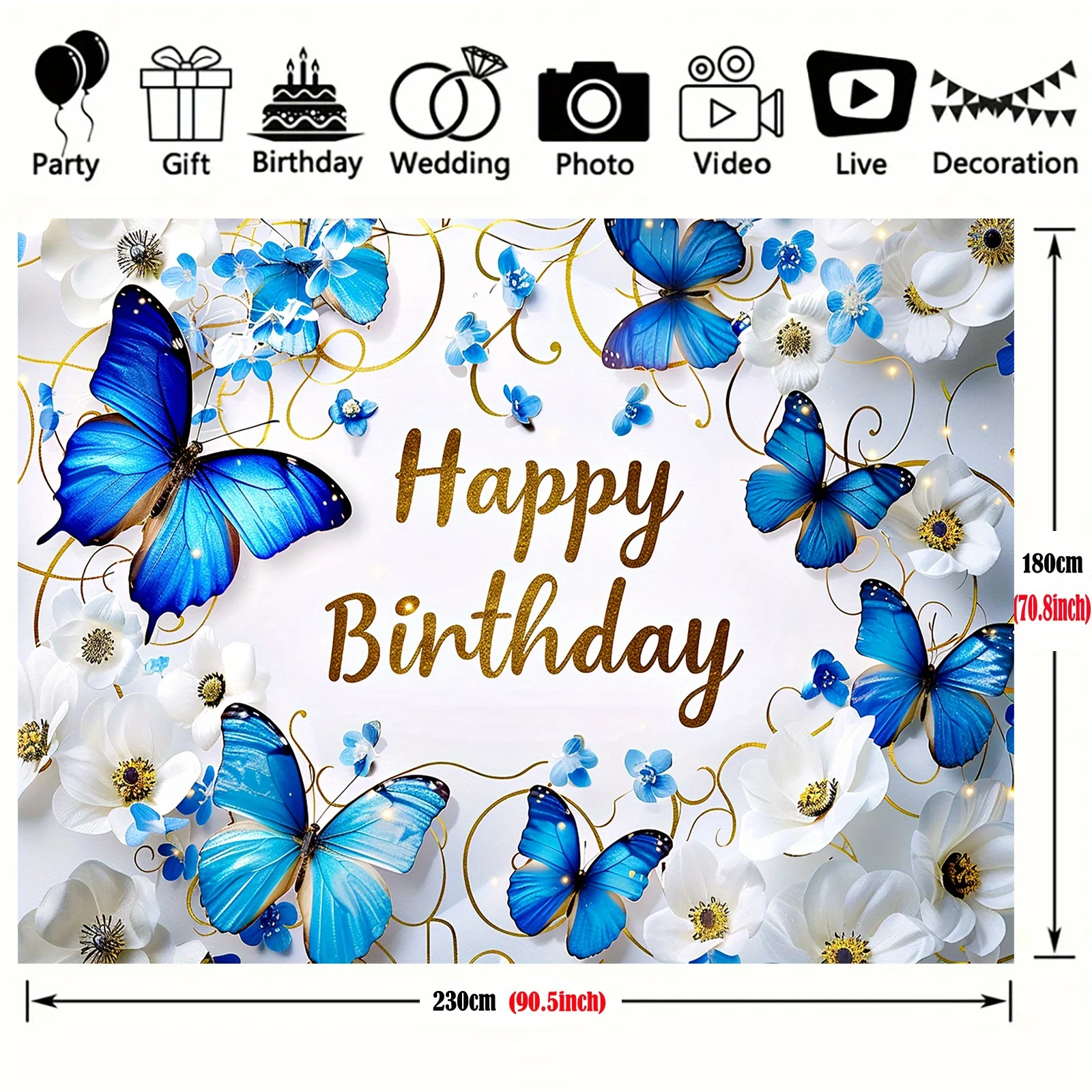 1 blauer Schmetterlingshintergrund, Happy Birthday, Blumendekoration, Sternschnuppe, Schmetterlingssegen, Dekoration für Themenpartys – Detail 4