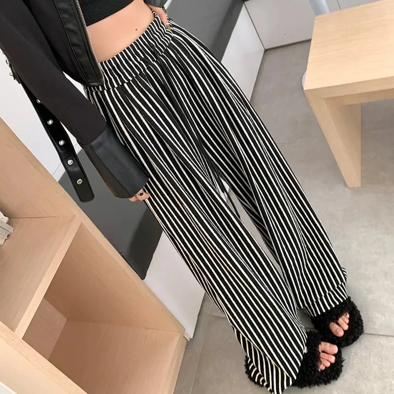 

Casual Drawstring black White Vertical Striped Pants, Women ,Spring Summer Korean Drape Long Pants ,Wide Leg Pants ,2024 New