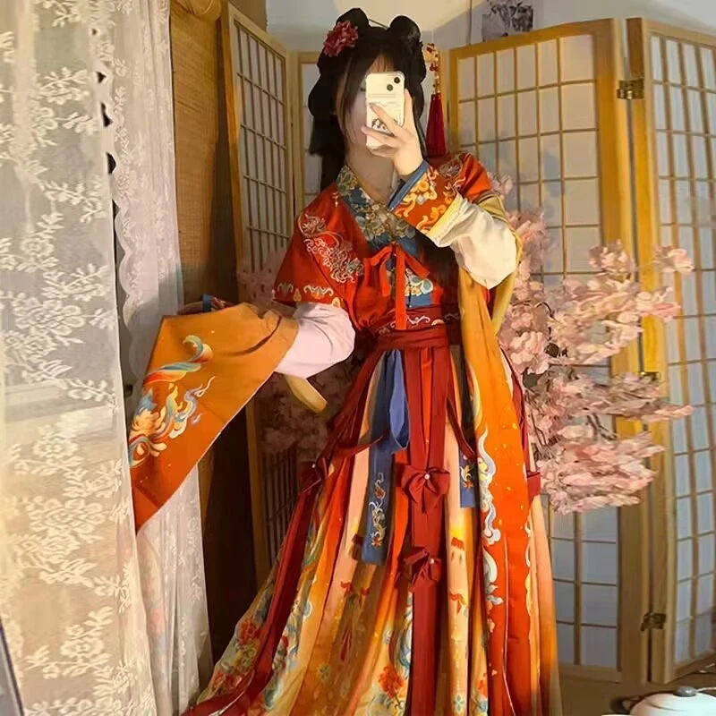 

Древние китайские комплекты ханьфу, женский костюм феи для косплея, платье ханьфу, женское платье династии Тан, красный, оранжевый, праздничный наряд ханьфу для женщин