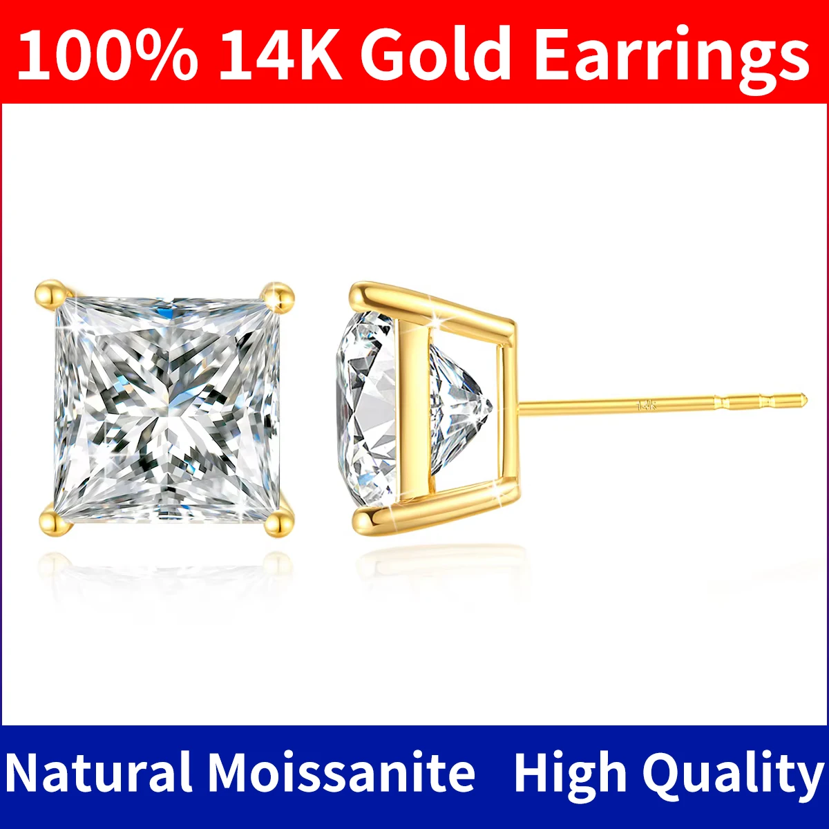 

100% Real 14K Gold Princess Cut Moissanite Earrings 1ct 2ct 3ct Women AU585 K Gold Jewelry Engagement Gift With Certificate Hot