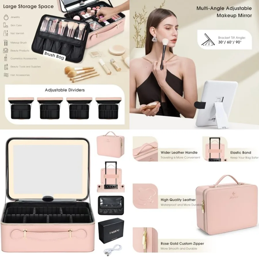 

Leather Makeup Case with LED Lighted Mirror Travel Makeup Bag Adjustable Brightness in 3 Colors Cosmetic Organizer Artist Stora