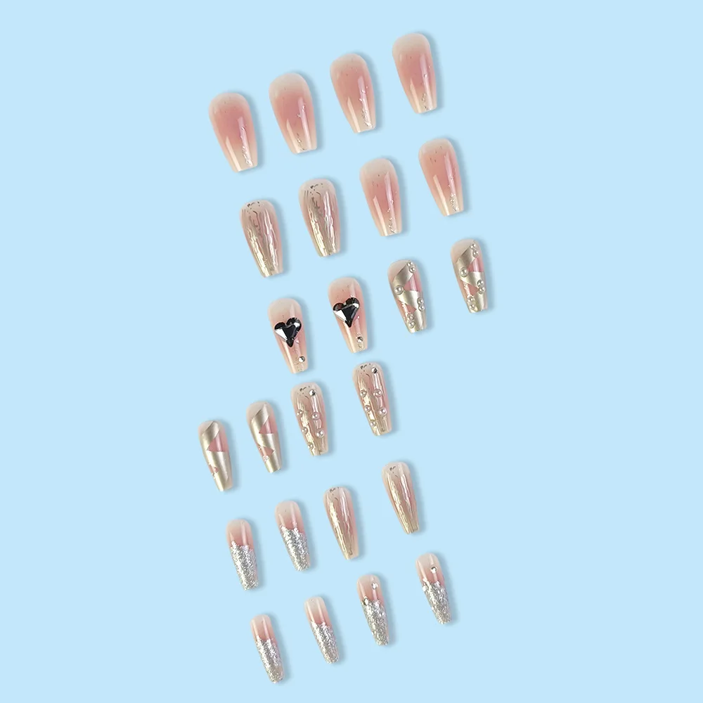 Mittellange künstliche Nagelspitzen mit 3D-Herz-Blumen-Design, Farbverlauf Lila-Rot, französische quadratische Ballett-Spitzen, Press-On-Set für künstliche Nagelkunst – Detail 14