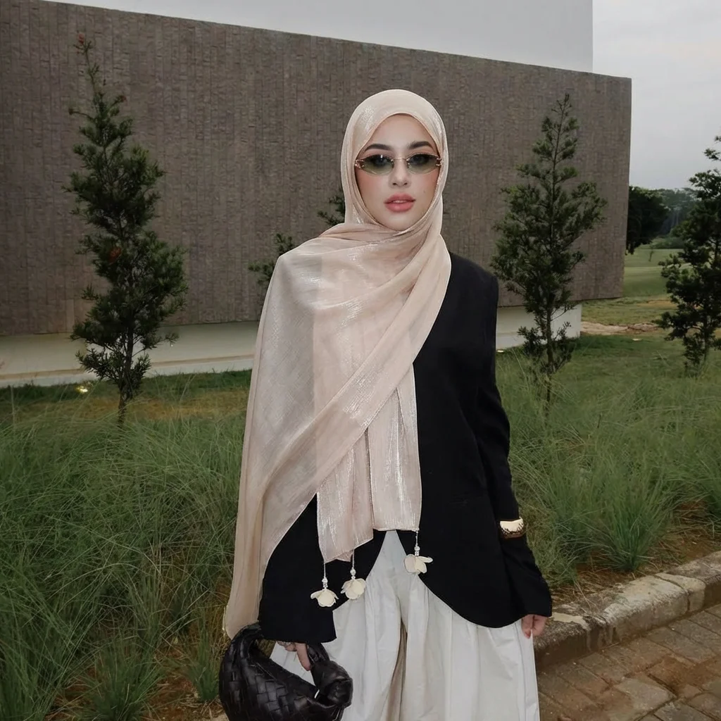 

Fashion Chiffon Silk Hijab Scarf Solid Color Shining Flower Pearl Tassel Veil Soft Long Head Wrap Ramadan Headscarf 175*70cm