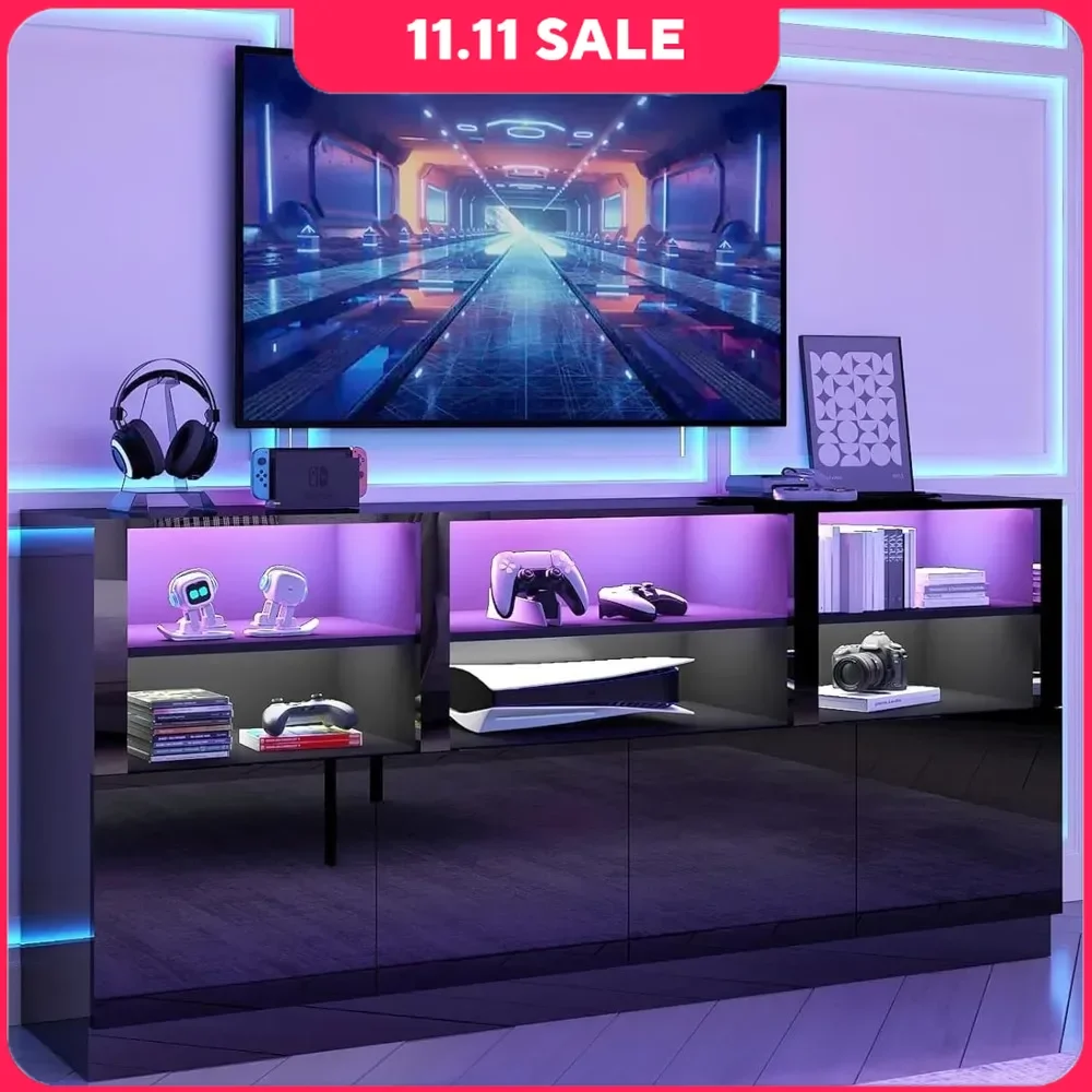 TV Stand with Storage Shelves and Doors Modern Entertainment Center for 75/80/85 Inch RGB LED Lights High Gloss TV Media Console