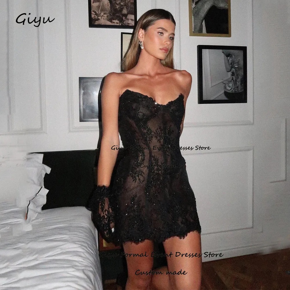 Giyu Sexy Black Lace Prom Dress V-Neck Sleeveless Mini-Length Above Knee Cocktail Dress Birthday Party Dress