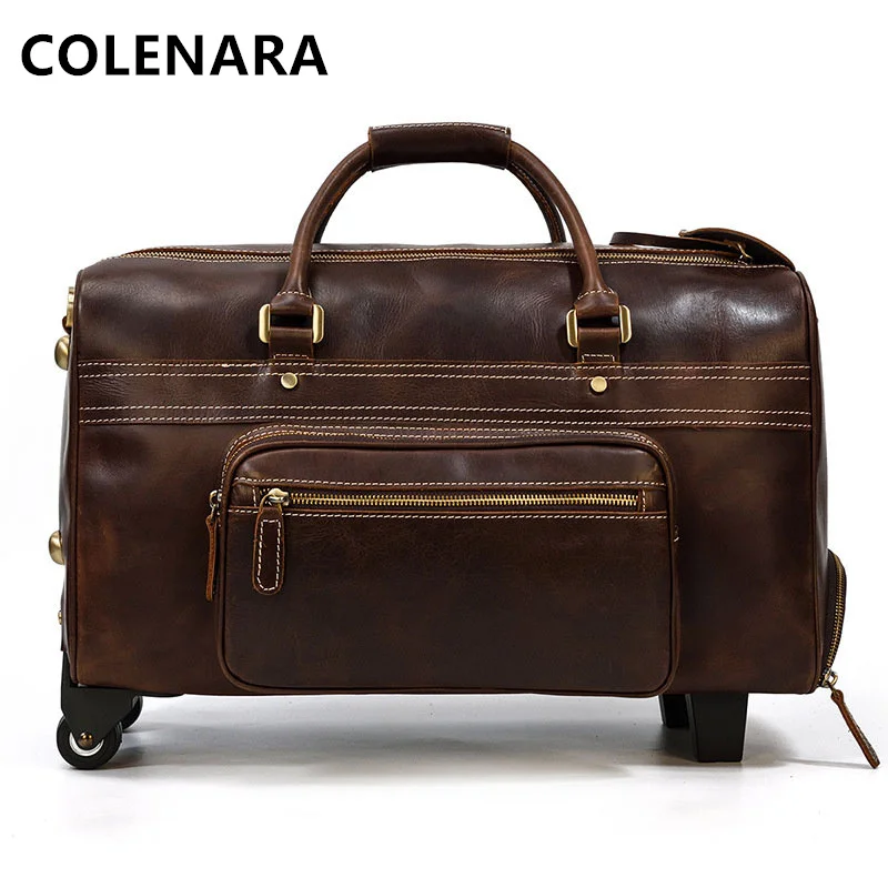 COLENARA 22" Inch New Suitcase Men's Leather Retro Trolley Case Large Capacity Business Handbags with Wheels Rolling Luggage