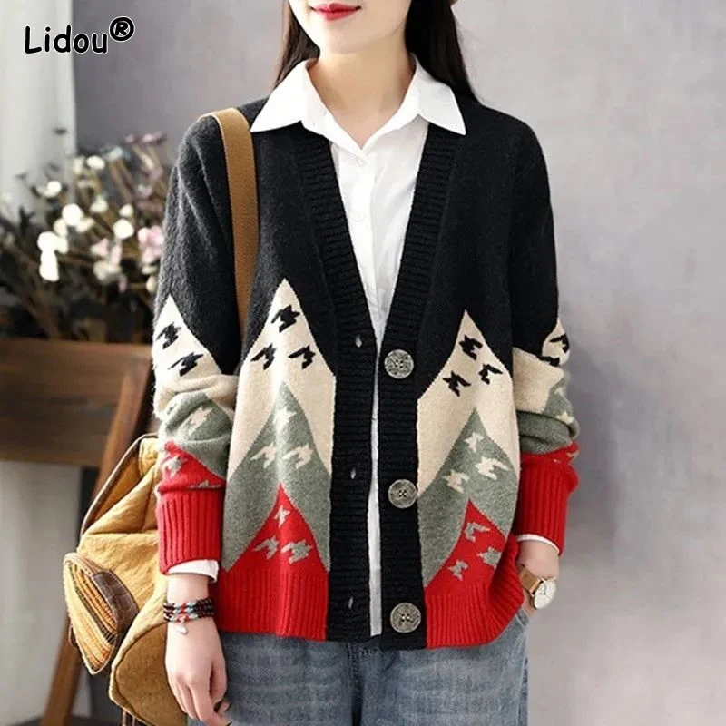 2023 New Autumn and Winter Retro Art Casual Loose Super Oversized V-neck Printed Long Sleeve Versatile Knitted Sweater Cardigan