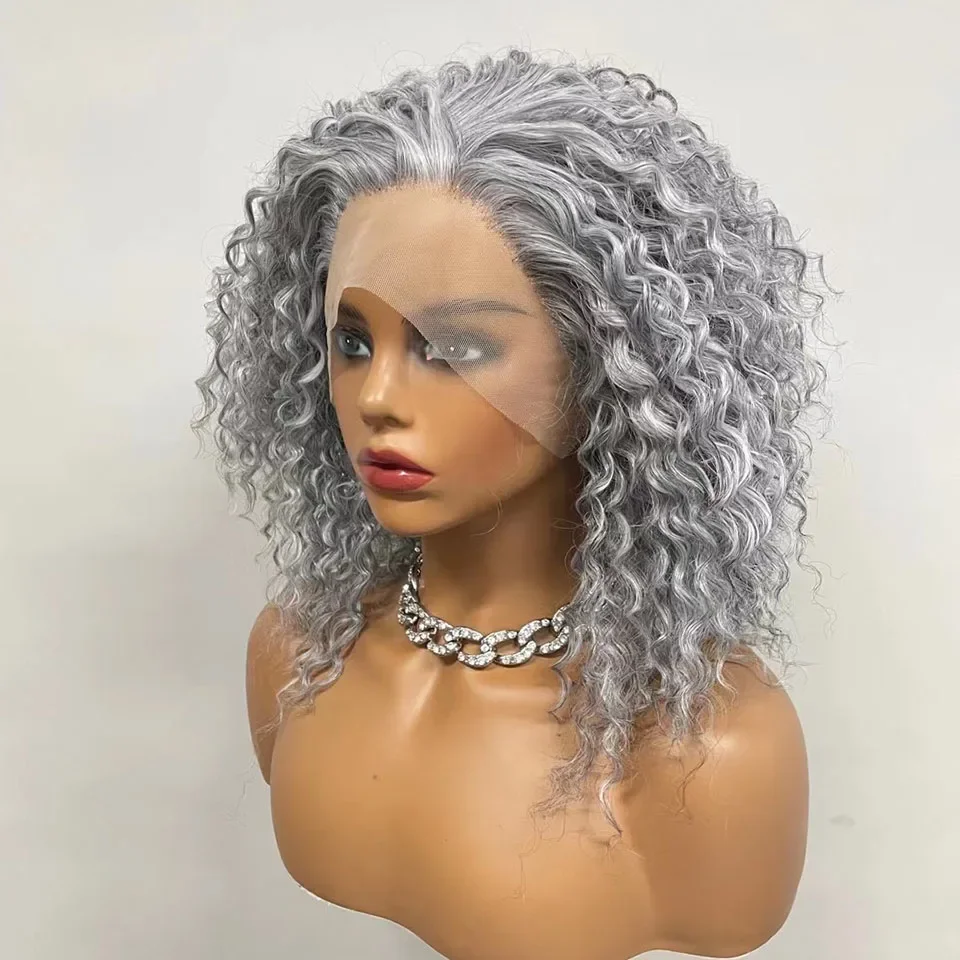 Short Bob Wig Curly Lace Front Wig Grey Synthetic Lace Front Wig For Women Natural Hairline Heat Resistant Synthetic Fiber