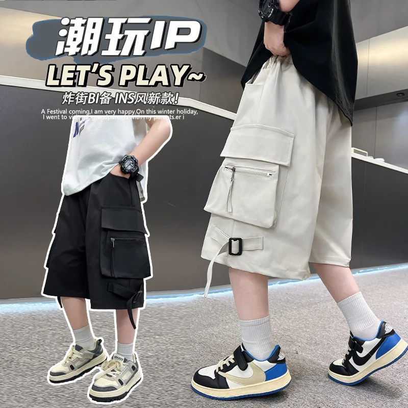 

Новый дизайн, модные летние шорты-карго для подростков и детей с большим карманом для твиса для мальчиков, свободные тонкие короткие штаны для детей от 5 до 14 лет