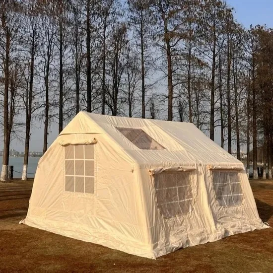 

Inflatable Camping Air Tent with Hand Pump Easy Setup Waterproof Windproof 4 Seasons Oxford Cabin Tent with Mesh Chimney Window