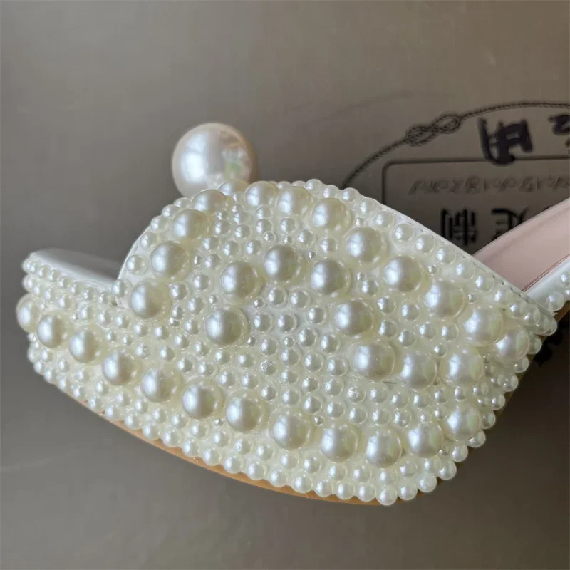 Fully Handmade Pearl Thick Heeled Fish Mouth Sandals Wedding Bride Banquet Fashion Waterproof Platform High Heel Women\'s Shoes