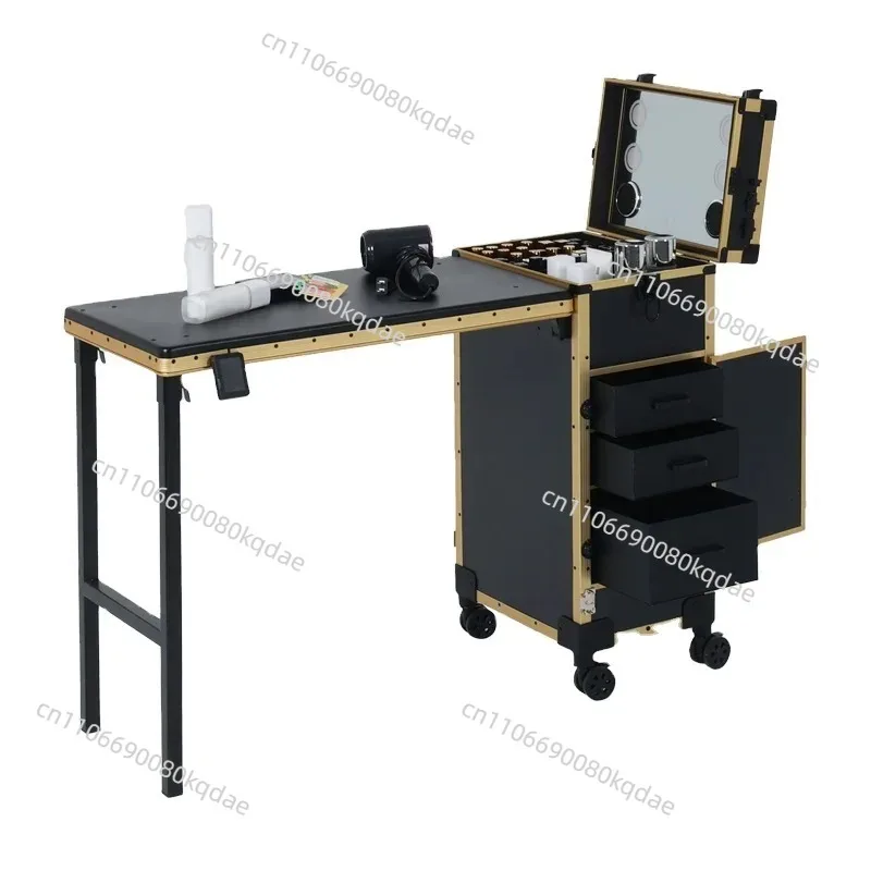 Lockable Rolling Foldable Nail Table With 3 Drawers Portable Nail Art Cosmetic Train Case Suitcase