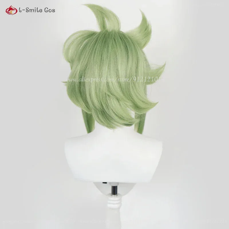 Peluca de Cosplay Kuki Shinobu de 33cm, pelucas cortas de cuero cabelludo verde claro con cola de caballo, pelo sintético resistente al calor, peluca de Anime para fiesta de Halloween