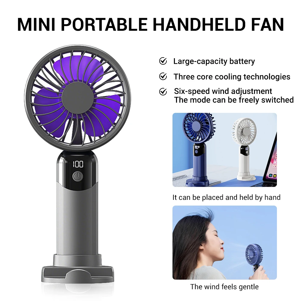 

USB Handheld Mini Fan Foldable Portable Neck Hanging Fans 6 Speed USB Rechargeable Fan with Phone Stand and Display Screen