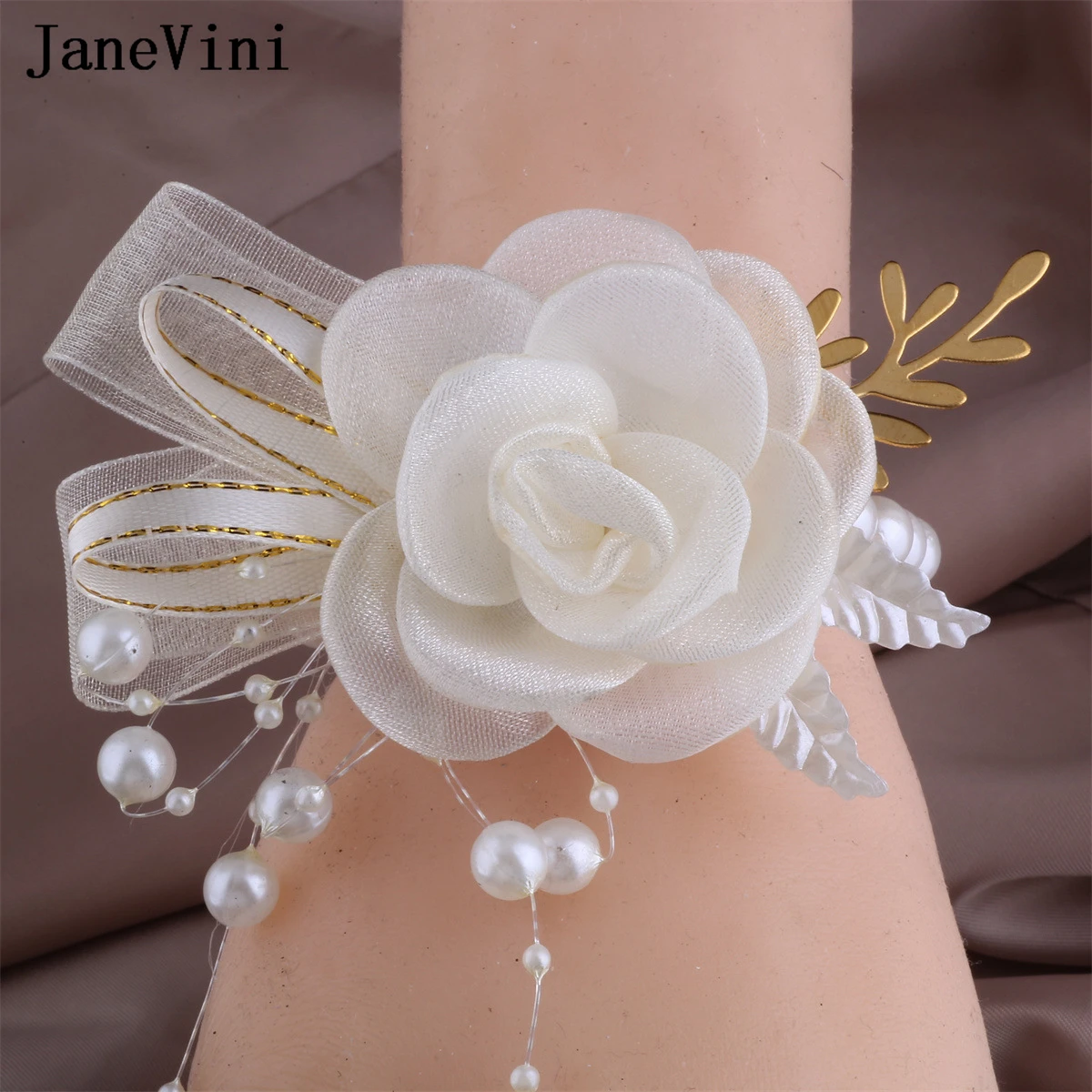 JaneVini Ivory Rose Wedding Bride Groom Boutinniere Mariage Pour Homme Bridesmaid Groomsman Wrist Corsage Men Suits Brooches New